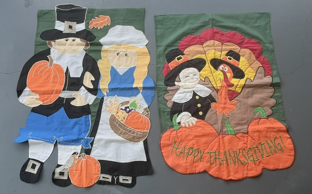 2 Thanksgiving Yard Garden Flag Pilgram Pumpkin Turkey Autumn Fall Banner 48x32